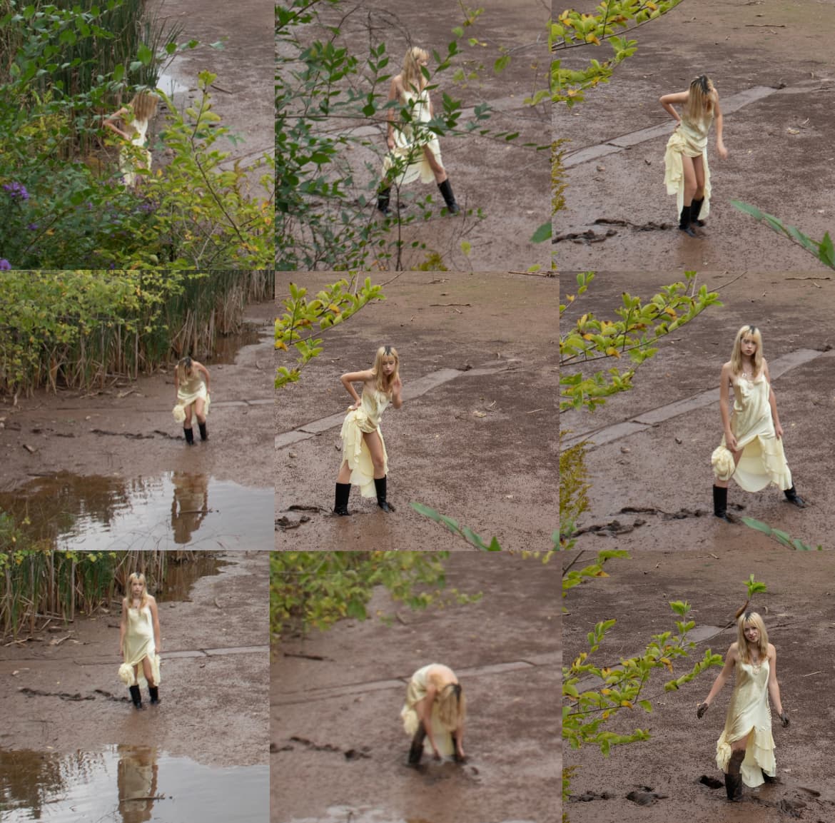 Collage of nine photos showing a person in a light-colored dress exploring muddy terrain and wetland areas, captured from various angles and distances