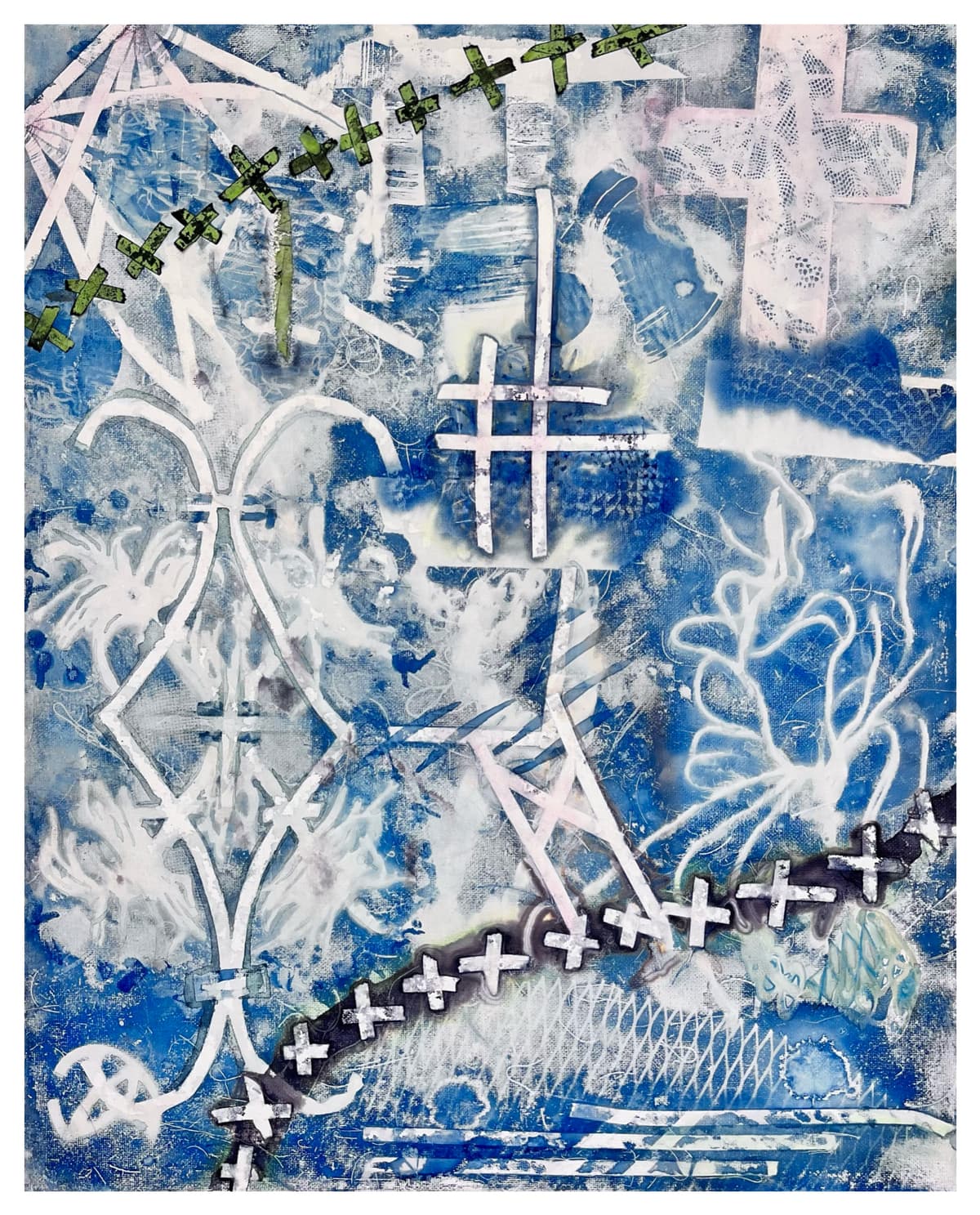 Abstract blue and white artwork featuring cross patterns, geometric shapes, and flowing organic lines, with a cohesive palette of blues, whites, and subtle green accents creating a harmonious composition.