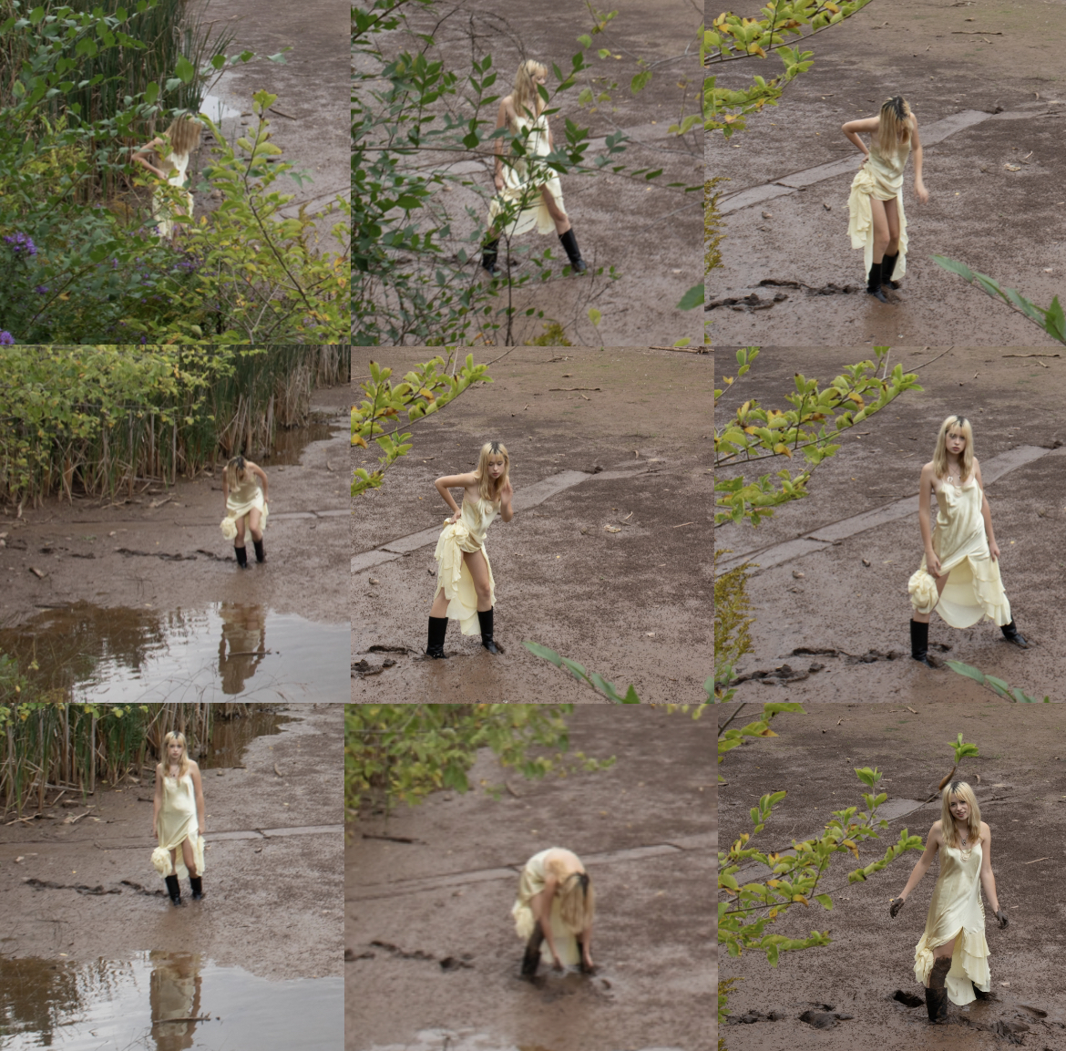 Collage of nine photos showing a person in a light-colored dress exploring muddy terrain and wetland areas, captured from various angles and distances